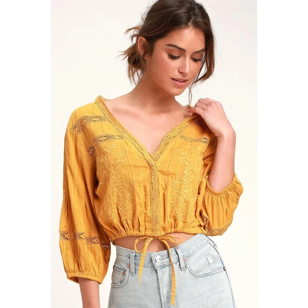 Free People Follow Your Heart Golden Yellow Embroidered Crop Top Size Small